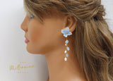 Real Immortal Blue White Flower Freshwater Pearls Earrings, Long Bridal Jewelry, Bridal Earrings Statement Earrings Cz