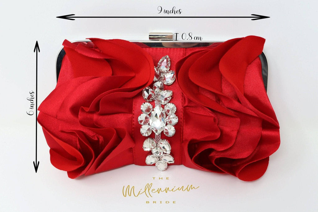 Red Rose Crystal Satin Floral Wedding Bag, Statement Bag, Evening Clutch, Bridal Clutch, Bridal Bag, Red Cross Body Bag