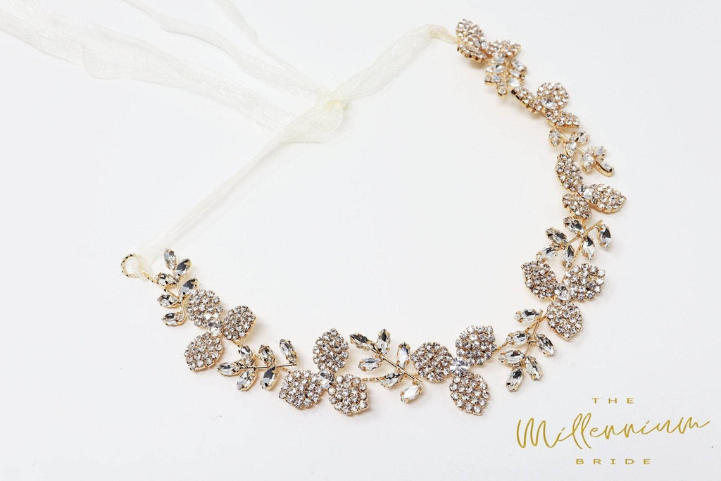 Rhinestones Dainty Floral Crystal Leaves Gold Hair Vine Headband, Bridal Hair Vine, Delicate Headband, Hair accessories.