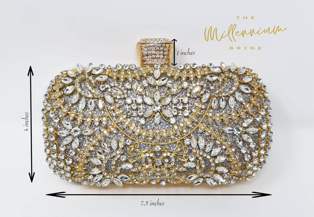 Silver Gold Crystal Floral Leaves Wedding Clutch, Statement Bag, Evening Clutch, Wedding Clutch, Bridal Bag, Silver gold Cross Body Bag