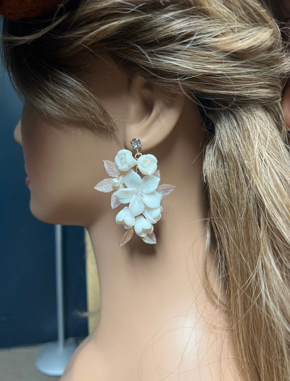 Swarovski opal Flower Petals Crystal, Rhinestone Earrings, Long Bridal –  TheMillenniumBride