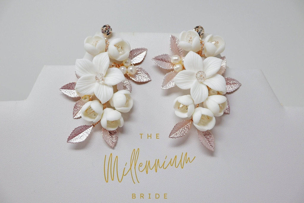 Swarovski Ceramic White Flower Petals Crystal, Long Bridal Jewelry Bridal Earrings Crystal Bridal Earrings Statement Earrings Cz