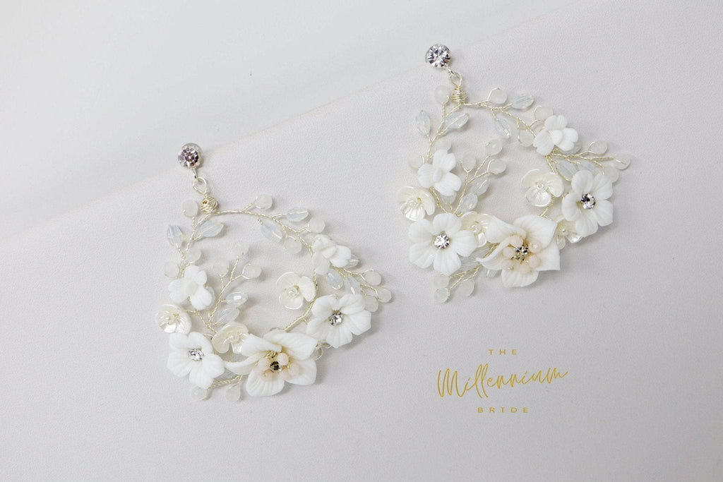 Swarovski Ceramic White Flower Sparkling Crystal Long Bridal Jewelry Crystal Bridal Earrings Statement Earrings Cz