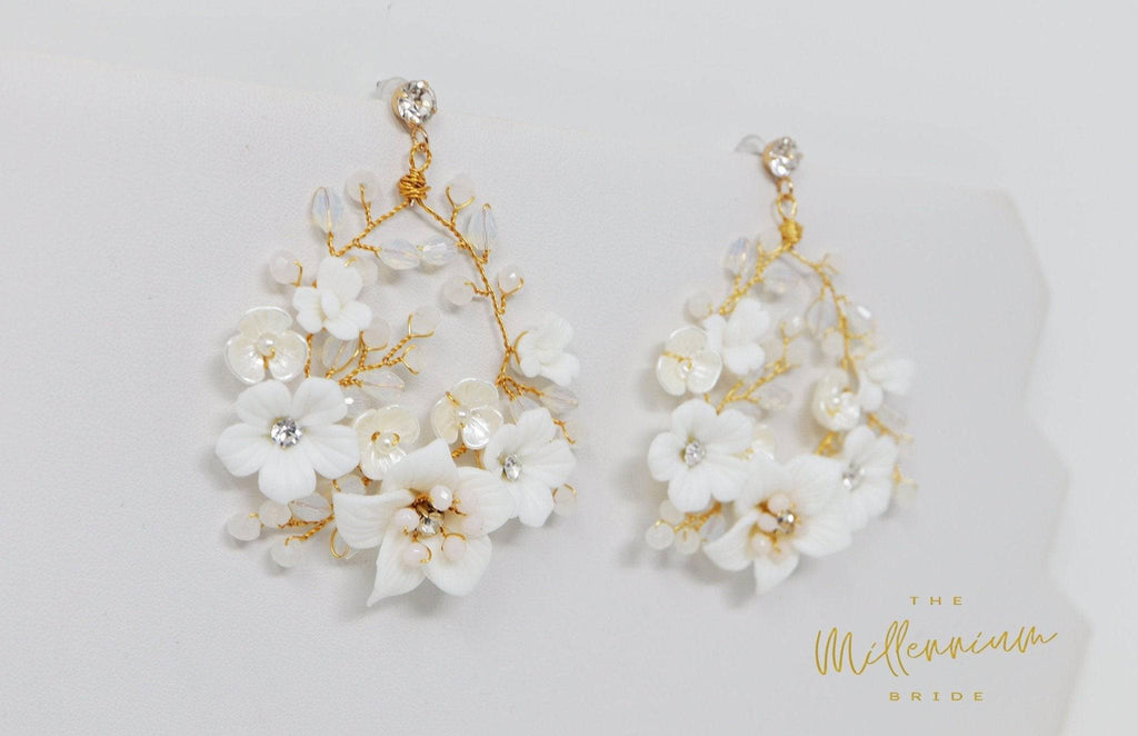 Swarovski Ceramic White Flower Sparkling Crystal Long Bridal Jewelry Crystal Bridal Earrings Statement Earrings Cz