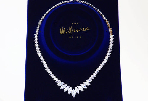 Swarovski Crystal Bridal Leaves V shape Necklace , Long Bridal Jewelry, Bridal Necklace, Statement Necklace Cz Necklace Set.