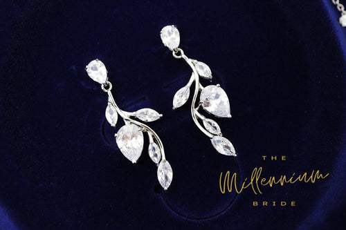 Swarovski Crystal diamond Vine Leaves Necklace, Long Bridal Jewelry, Bridal Earrings And Necklace, Statement Earrings Cz Necklace Set.