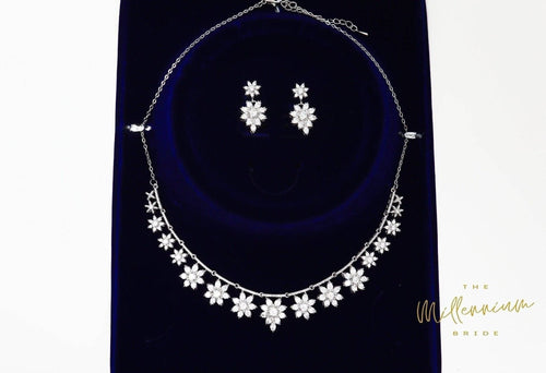 Swarovski Crystal Floral Necklace Set, Long Bridal Jewelry, Bridal Earrings And Necklace, Statement Earrings Cz Necklace Set.