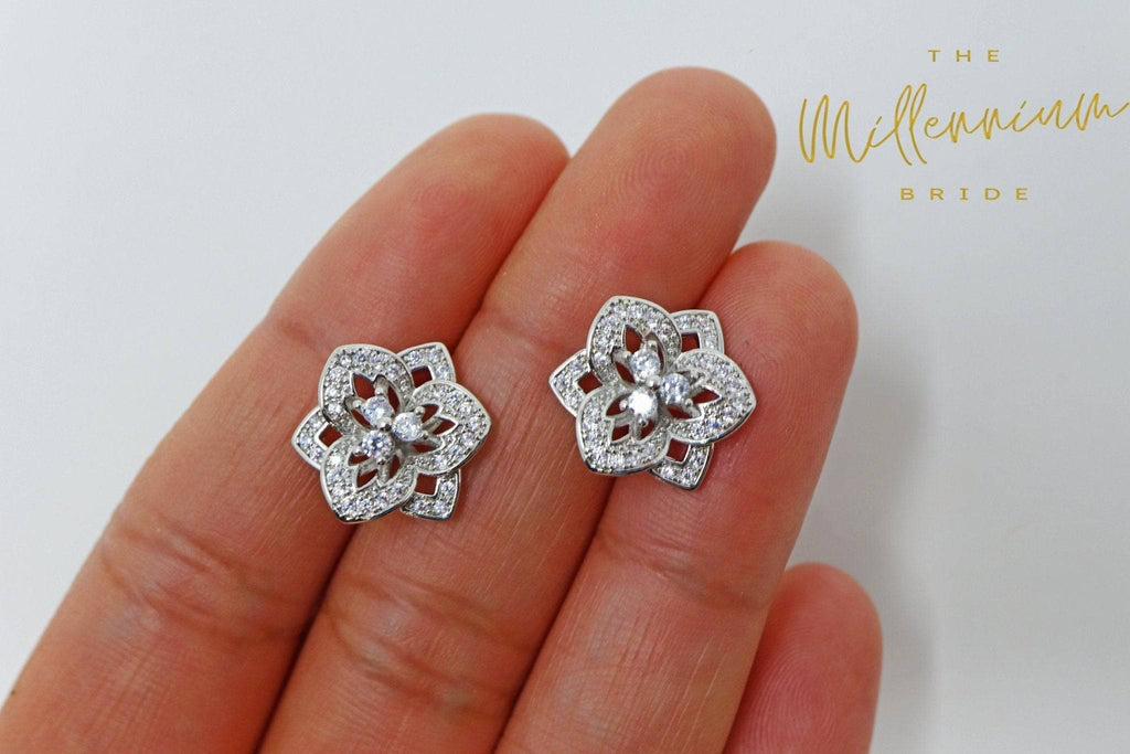 Swarovski Crystal Floral stud Earrings, Bridal Jewelry, Bridal Stud Earrings, Crystal Bridal Earrings, Statement Earrings Cz