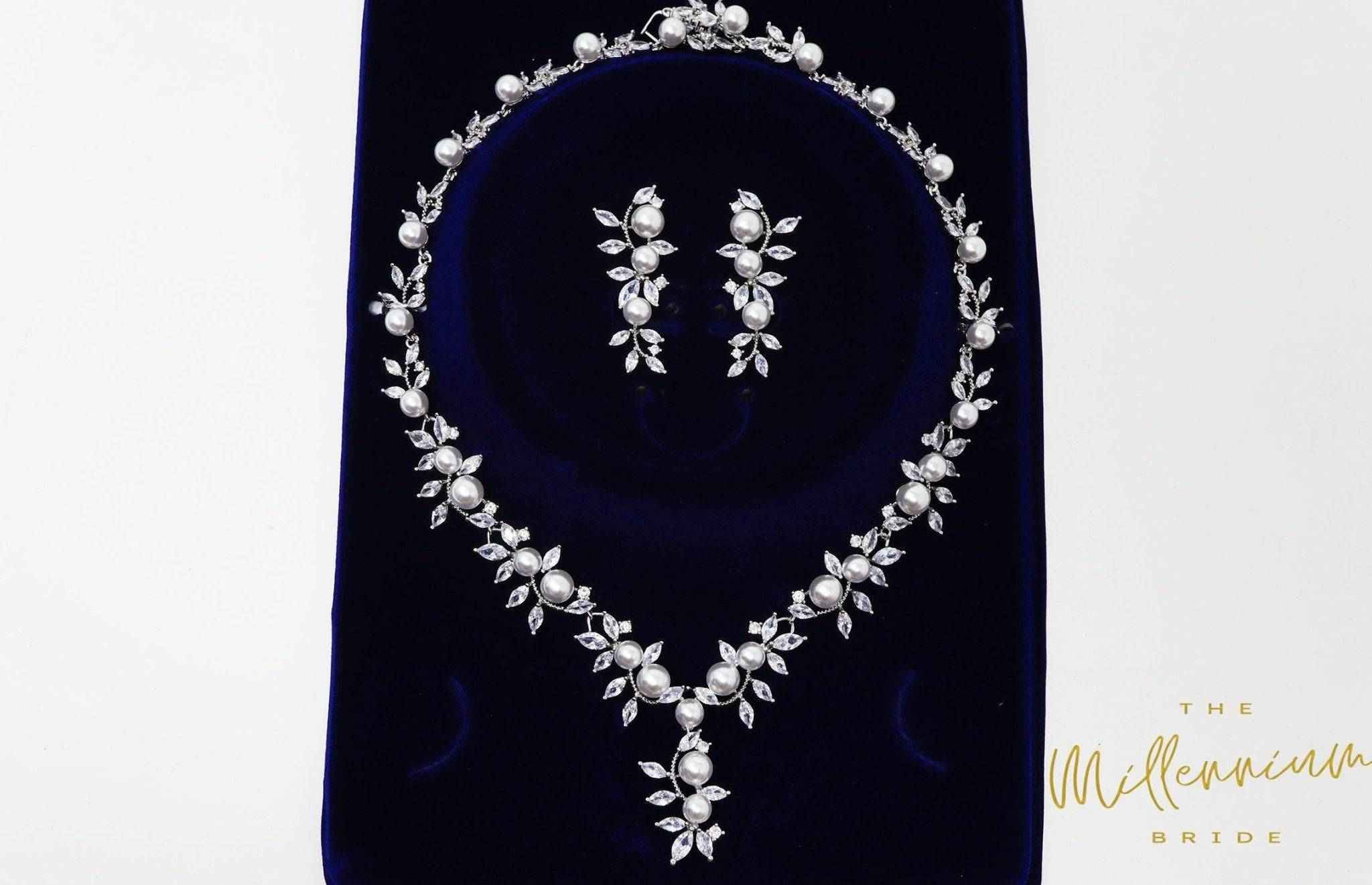 Swarovski Crystal Large Pearl Vine Leaves Necklace, Long Bridal Jewelry, Bridal Earrings And Necklace, Statement Earrings Cz Necklace Set.