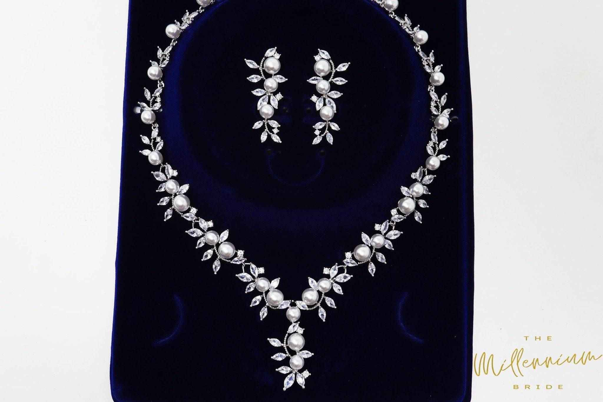 Swarovski Crystal Large Pearl Vine Leaves Necklace, Long Bridal Jewelry, Bridal Earrings And Necklace, Statement Earrings Cz Necklace Set.