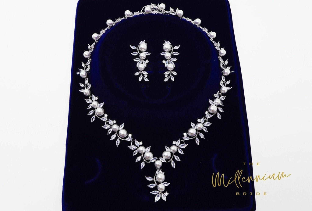 Swarovski Crystal Large Pearl Vine Leaves Necklace, Long Bridal Jewelry, Bridal Earrings And Necklace, Statement Earrings Cz Necklace Set.