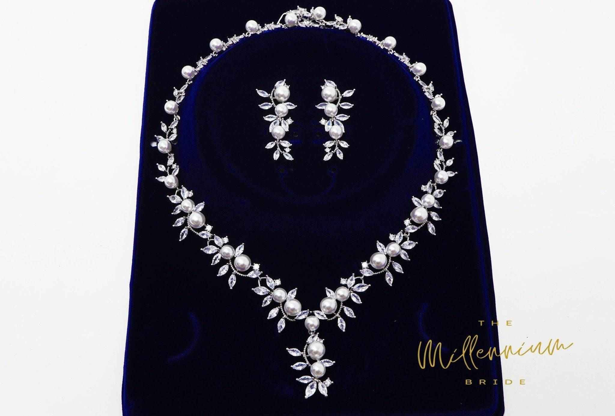 Swarovski Crystal Large Pearl Vine Leaves Necklace, Long Bridal Jewelry, Bridal Earrings And Necklace, Statement Earrings Cz Necklace Set.