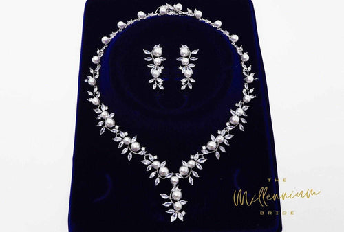 Swarovski Crystal Large Pearl Vine Leaves Necklace, Long Bridal Jewelry, Bridal Earrings And Necklace, Statement Earrings Cz Necklace Set.