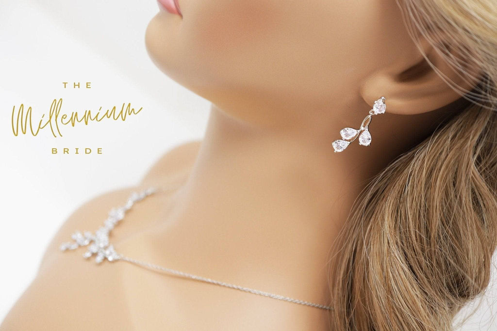 Swarovski Crystal Leaves, Long Bridal Jewelry, Bridal Earrings And Necklace, Crystal Bridal Earrings, Statement Earrings Cz Necklace Set.