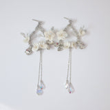 Swarovski Crystal White Floral Long Hoop Earrings, Long Bridal Jewelry, 925 Sterling Silver, Statement Earrings Cz