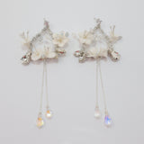 Swarovski Crystal White Floral Long Hoop Earrings, Long Bridal Jewelry, 925 Sterling Silver, Statement Earrings Cz