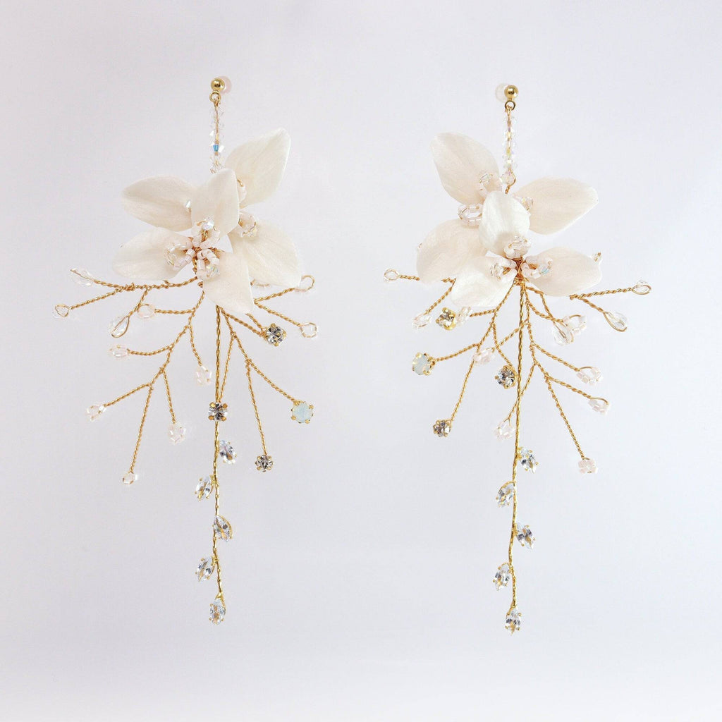 Swarovski Crystal White Flower Opal Long Vine Leaves Earrings, Long Bridal Jewelry, 925 Sterling Silver, Statement Earrings Cz