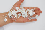 Swarovski Crystals Large Ceramic Flowers & Freshwater Pearls Hair Comb, Bridal Hair piece, Bridal Hair Accessories, Wedding Hair Accessory.