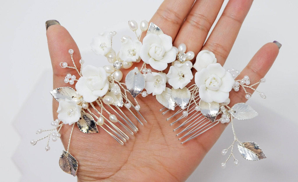 Swarovski Crystals Large Ceramic Flowers & Freshwater Pearls Hair Comb, Bridal Hair piece, Bridal Hair Accessories, Wedding Hair Accessory.