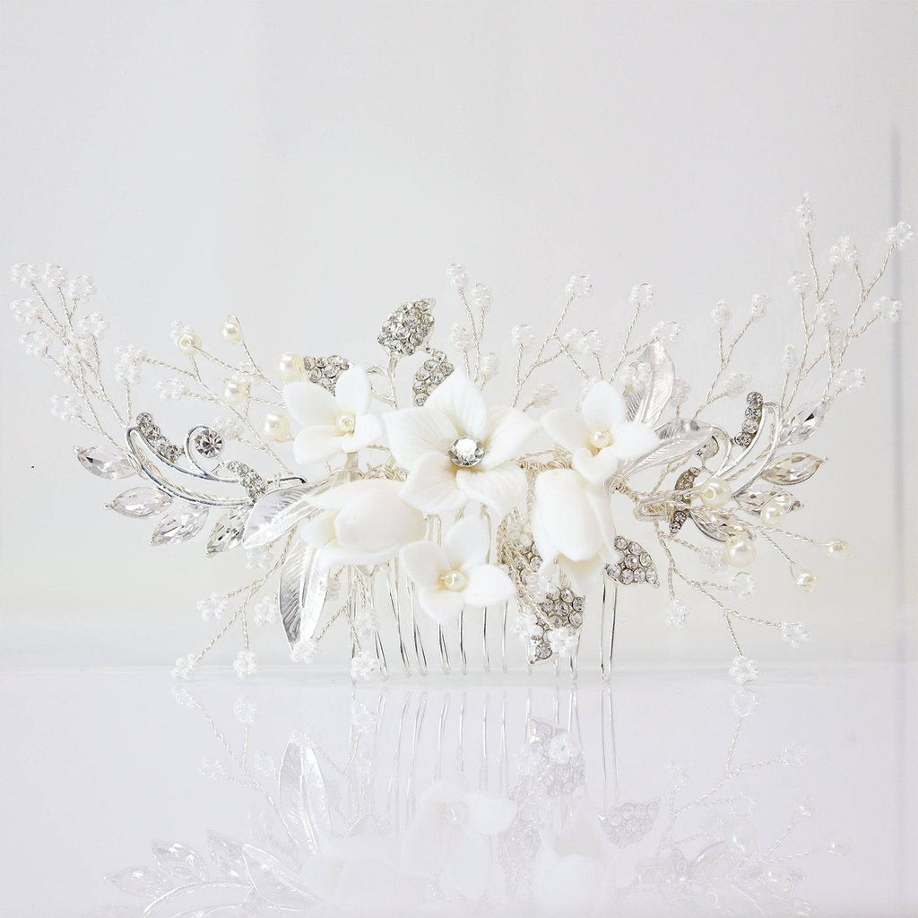 Swarovski Crystals Large Ceramic Flowers & Tiny White Flowers Hair Comb, Bridal Hair piece, Bridal Hair Accessories, Wedding Hair Accessory.
