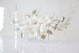 Swarovski Crystals Large Ceramic Flowers & Tiny White Flowers Hair Comb, Bridal Hair piece, Bridal Hair Accessories, Wedding Hair Accessory.