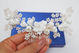 Swarovski Crystals Large Ceramic White flower & Tiny Baby Pink Flowers, Bridal Hair piece, Bridal Hair Accessories, Wedding Hair Accessory.