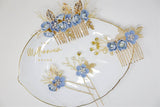 Swarovski Crystals Pearl Light Blue flower Hair Comb' Bridal Hair Accessories, Wedding Hair Accessory, Bridal Blue Hair Comb And Pins Set.