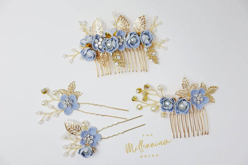 Swarovski Crystals Pearl Light Blue flower Hair Comb display picture 1