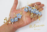 Swarovski Crystals Pearl Light Blue flower Hair Comb' Bridal Hair Accessories, Wedding Hair Accessory, Bridal Blue Hair Comb And Pins Set.