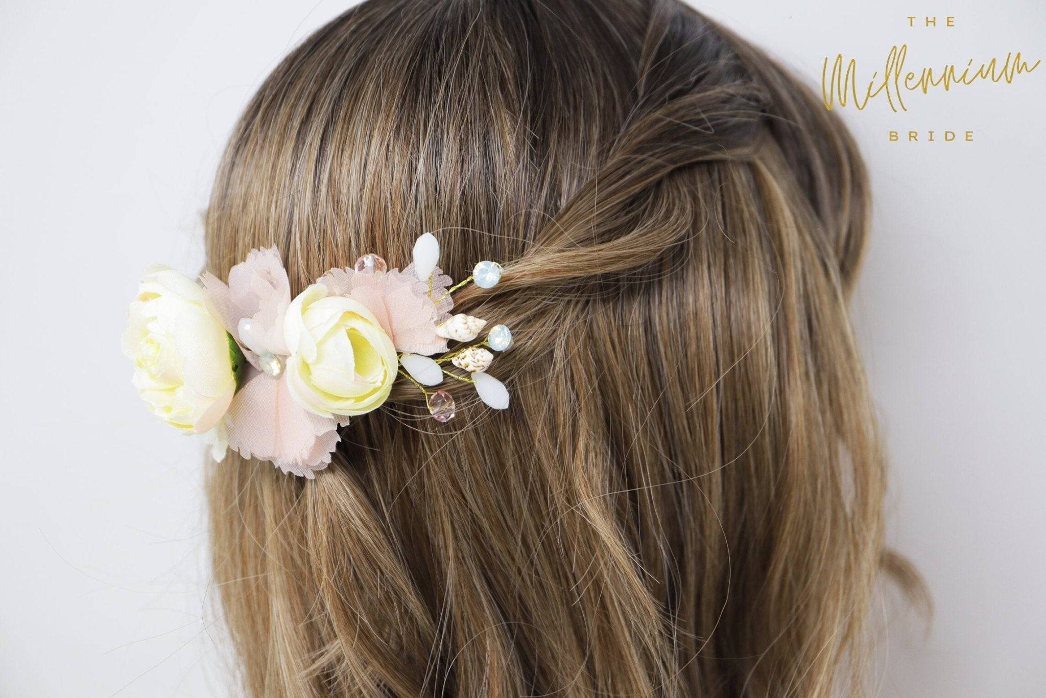 Swarovski Crystals Shells Pink Yellow flower Bridal Hair piece, Bridal Hair Accessories, Wedding Hair Accessory, Bridal Hair Comb.