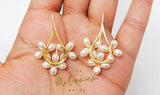 Swarovski Freshwater Pearl White Flower Drop Crystal earrings and bracelet, Long Bridal Jewelry Crystal Bridal Earrings Statement Earrings.