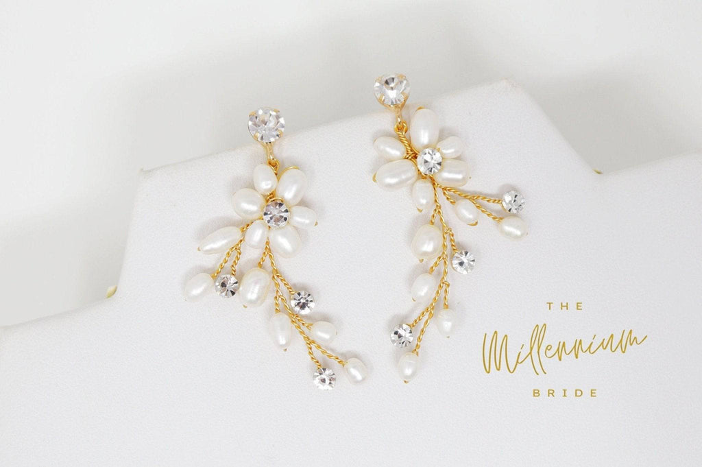 Swarovski Freshwater Pearls White Vine Crystal, Long Bridal Jewelry Bridal Earrings Crystal Bridal Earrings Statement Earrings Cz