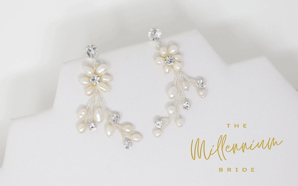 Swarovski Freshwater Pearls White Vine Crystal, Long Bridal Jewelry Bridal Earrings Crystal Bridal Earrings Statement Earrings Cz