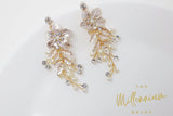 Swarovski gold, Rose Gold, Silver Pearl Floral Drop Crystal Earrings, Long Bridal Earrings, Crystal Bridal Earrings, Statement Earrings.