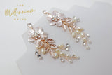 Swarovski gold, Rose Gold, Silver Pearl Floral Drop Crystal Earrings, Long Bridal Earrings, Crystal Bridal Earrings, Statement Earrings.
