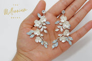 Swarovski Opal Ceramic White Flower Drop Crystal, Long Bridal Jewelry Crystal Bridal Earrings Statement Earrings