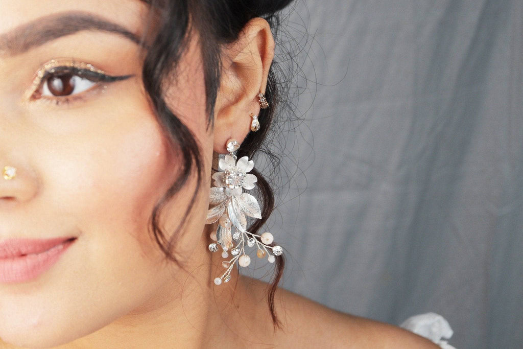 Swarovski Pearl Flower Crystal, Rhinestone Earrings, Long Bridal Jewelry Bridal Earrings Crystal Bridal Earrings Statement Earrings Cz
