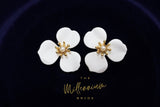 Three Petal White Flower Pearl Earrings, Bridal Jewelry, Bridal Stud Earrings, Bridal Earrings, Statement Earrings, Bridesmaid Earring.