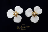 Three Petal White Flower Pearl Earrings, Bridal Jewelry, Bridal Stud Earrings, Bridal Earrings, Statement Earrings, Bridesmaid Earring.